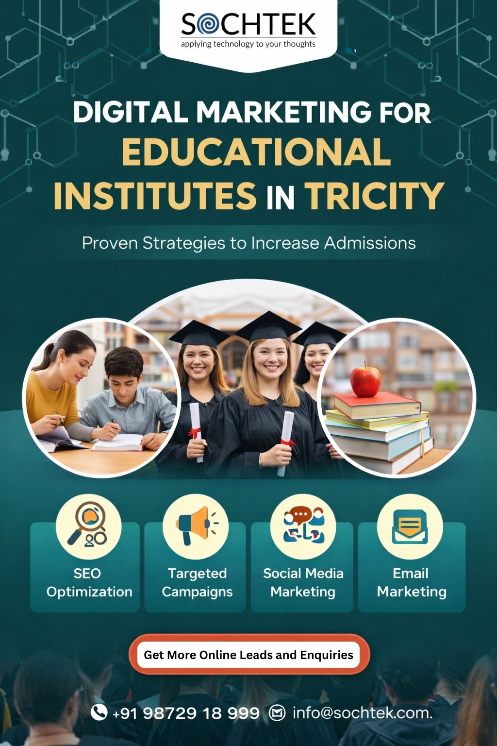 Digital marketing services for educational institutes in Tricity by Sochtek to generate more online leads and enquiries through SEO, targeted campaigns, social media, and email marketing.
