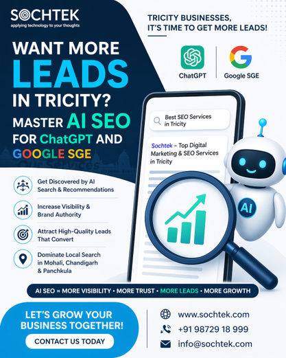 AI SEO in Tricity concept showing ChatGPT and Google SGE optimizing search results to generate more leads and improve business visibility in Chandigarh, Mohali and Panchkula.